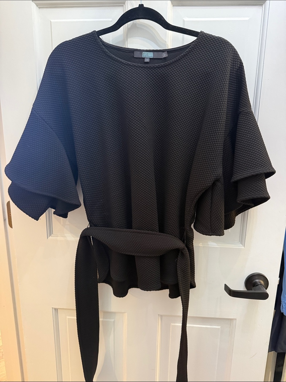 Eva Franco Black Textured Belted Flutter-Sleeve Top